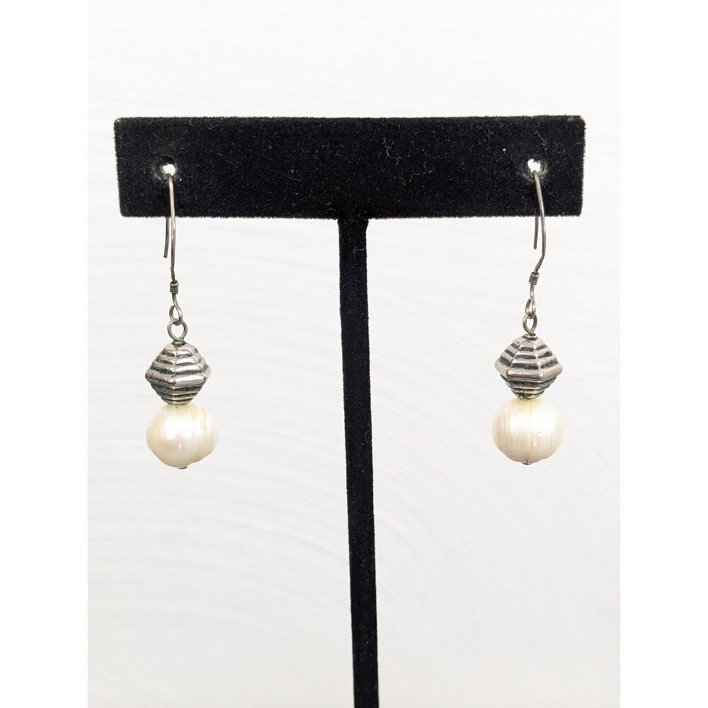 Sterling Silver 925 White Baroque Pearl Round Stacked Bali Style Drop Pierced Ea
